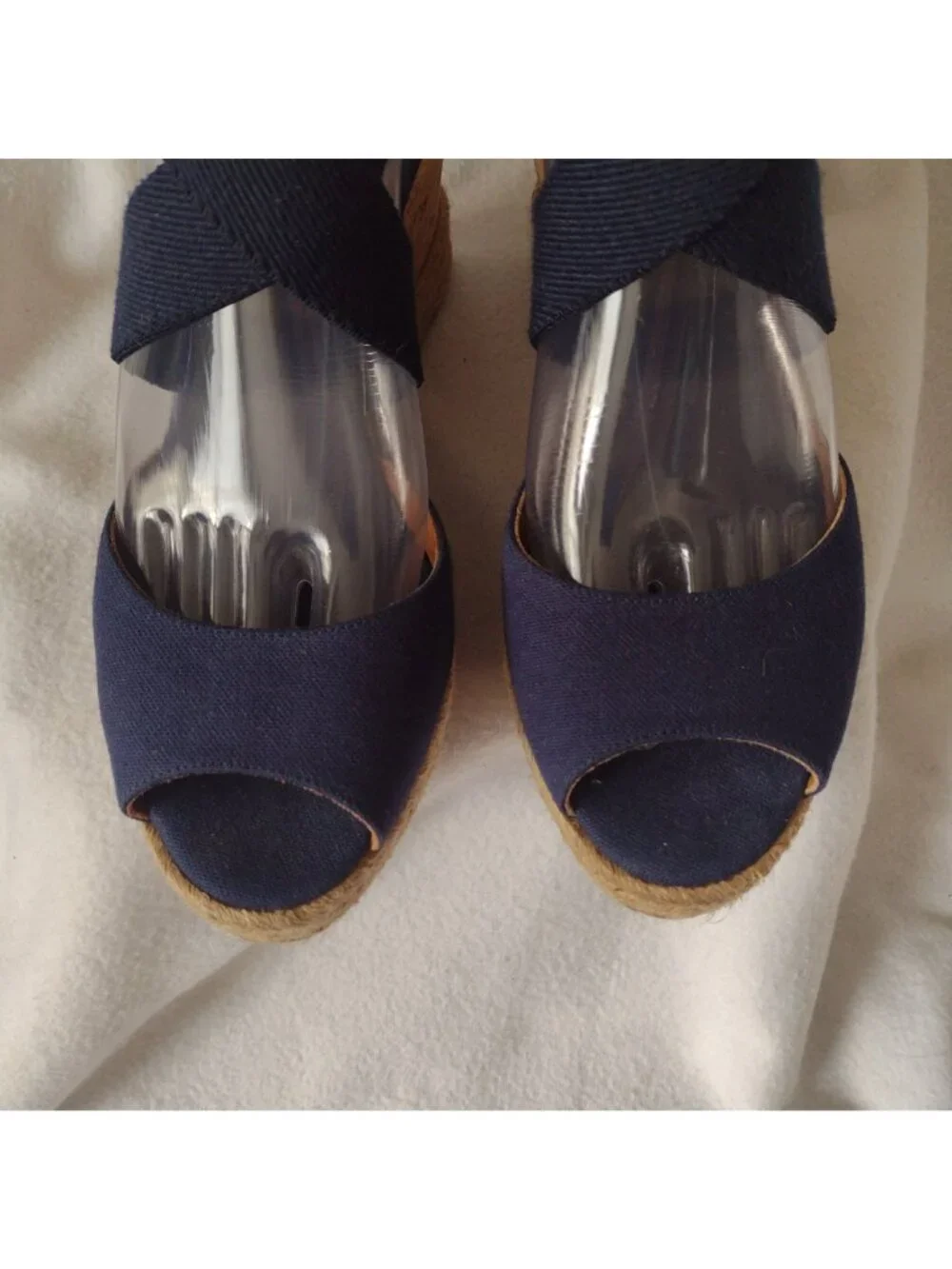 Tory Burch Natanya Wedge Espadrilles 9 Navy Blue Sandals w Elastic Ankle Straps